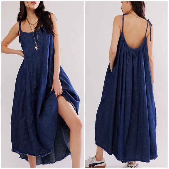 Free People Denim Dreams Midi Dress 70's Blue Size Small - Picture 1 of 6